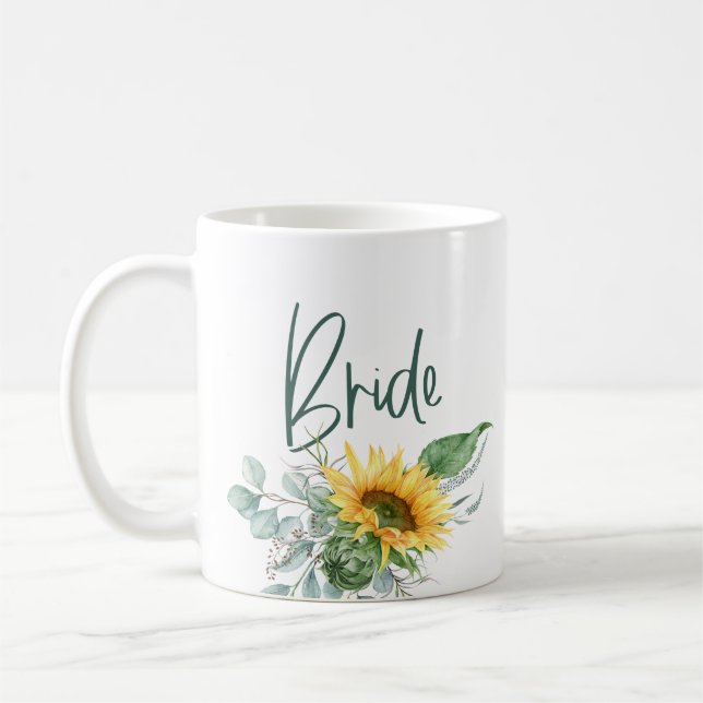 Elegant Rustic Bride Sunflower Eucalyptus Wedding Coffee Mug (Left)