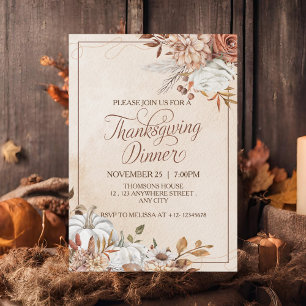 Elegant Rustic Brown Cream Floral Thanksgiving Invitation