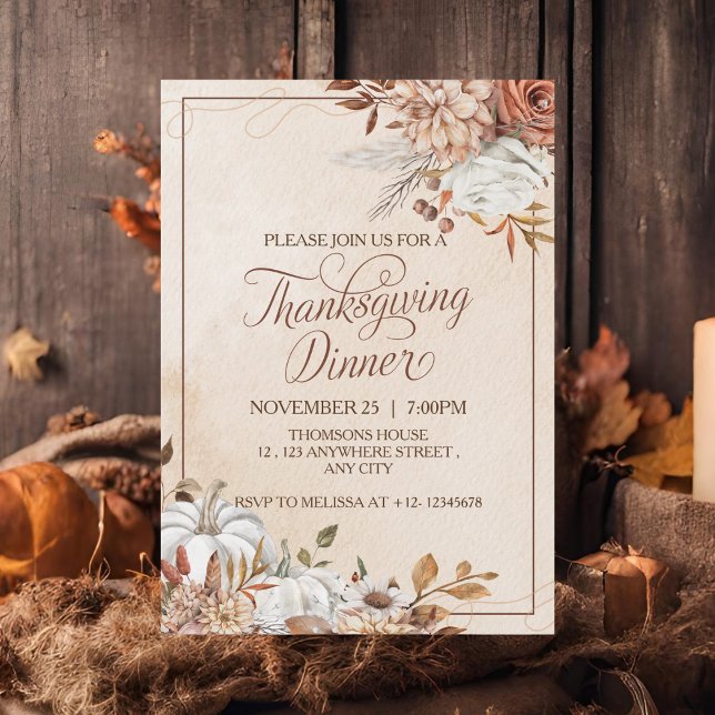 Elegant Rustic Brown Cream Floral Thanksgiving  Invitation (Creator Uploaded)
