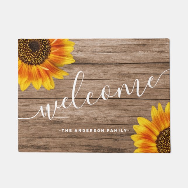 Elegant rustic brown wood print sunflower welcome doormat (Front)
