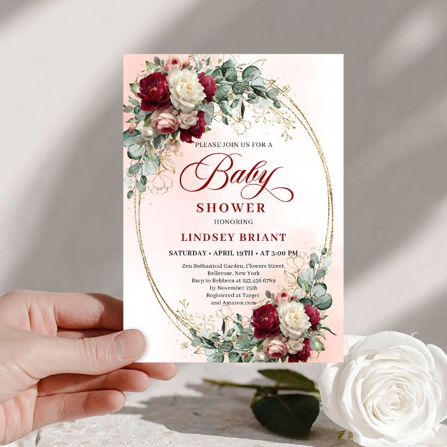 Elegant Rustic Burgundy Floral Gold Baby Shower   Invitation (Elegant Rustic Burgundy Floral Gold Baby Shower Invite)