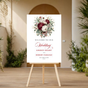 Elegant Rustic Burgundy Floral Gold Welcome Poster