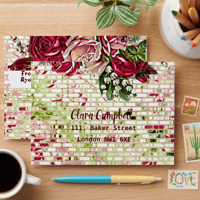 Elegant Rustic Burgundy Floral Maroon Rose Wedding Envelope (Desk)