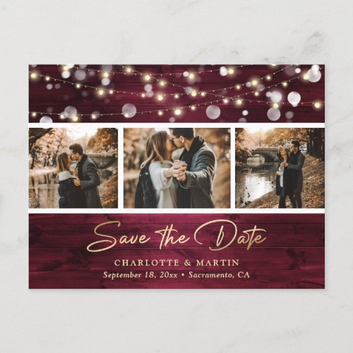 Elegant Rustic Burgundy Gold Foil Wedding Photo Announcement Postcard