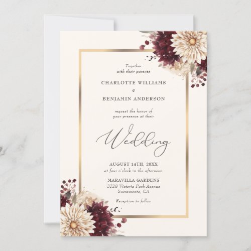 Elegant Rustic Burgundy Gold Ivory Floral Wedding Invitation