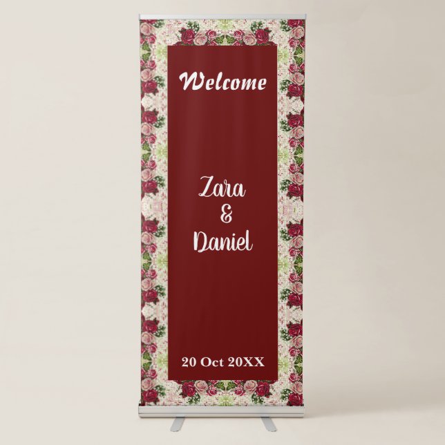 Elegant Rustic Burgundy Maroon Roses Wedding Retractable Banner (Front)