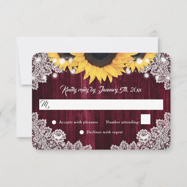 Elegant Rustic Burgundy Wood Sunflower Wedding RSVP Card (Front)