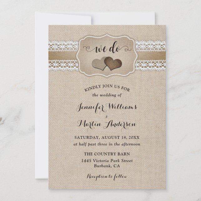 Elegant Rustic Burlap and Lace Wedding Invitation (Front)