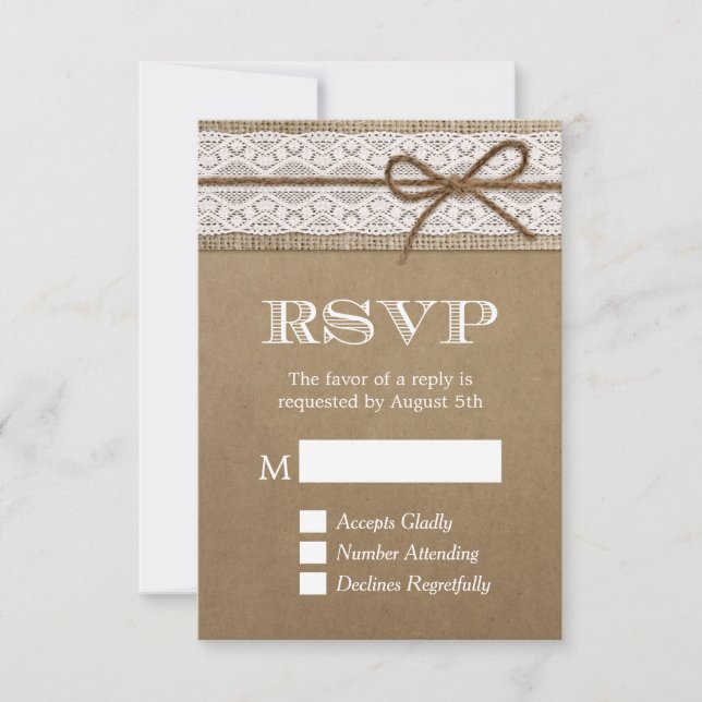 Elegant Rustic Burlap String Bow Wedding RSVP Card (Front)