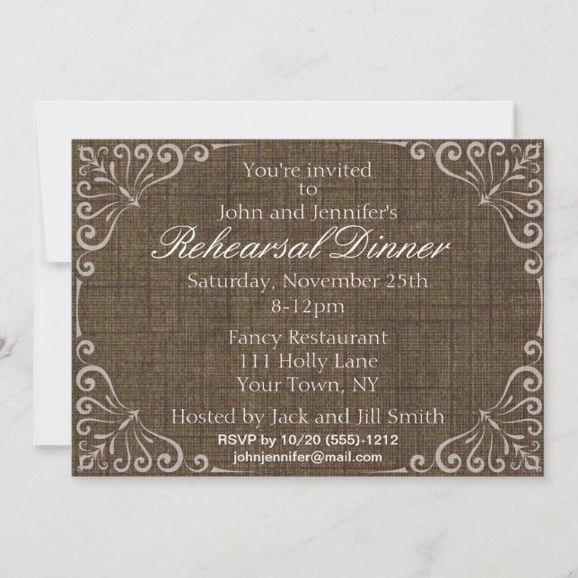 Elegant Rustic Burlap Vintage Rehearsal Dinner Invitation (Front)