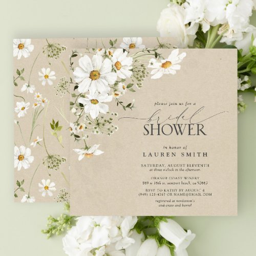 Elegant Rustic CalliWatercolor Daisy Bridal Shower Invitation