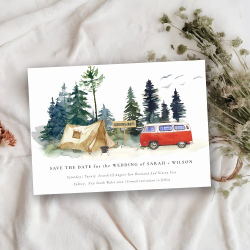 Elegant Rustic Camping Watercolor Pine Forest Save The Date