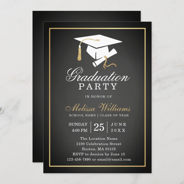 Elegant Rustic Chalkboard Black Gold Graduation Invitation (Front/Back)