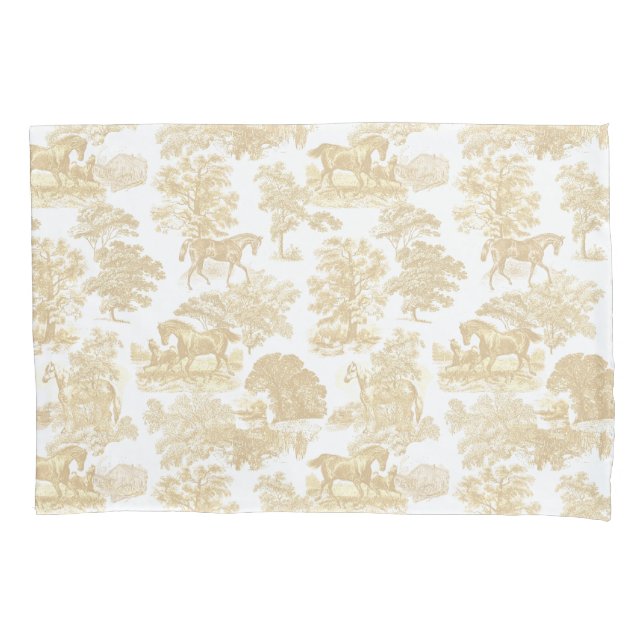 Elegant Rustic Chic Beige White Horses Toile Pillow Case (Front-Left)
