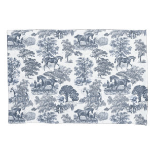 Elegant Rustic Chic Blue White Horses Toile Pillow Case