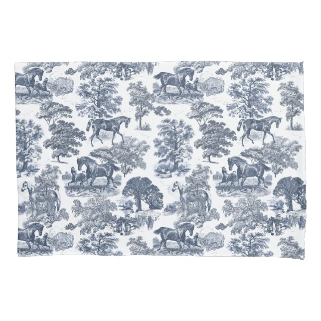 Elegant Rustic Chic Blue White Horses Toile Pillow Case (Front-Left)