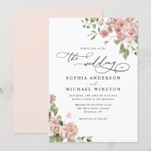 Elegant Rustic Chic Blush Pink Rose Floral Wedding Invitation