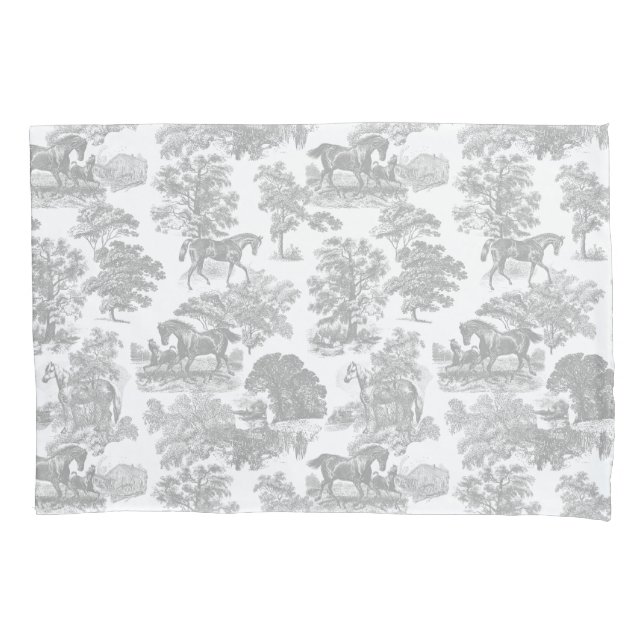 Elegant Rustic Chic Gray White Horses Toile Pillow Case (Front-Left)