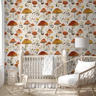 Elegant Rustic Chic Mushroom Garden Fabric Pattern Wallpaper