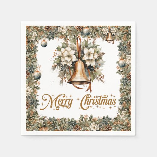 Elegant rustic Christmas holly and gold bells Napkins
