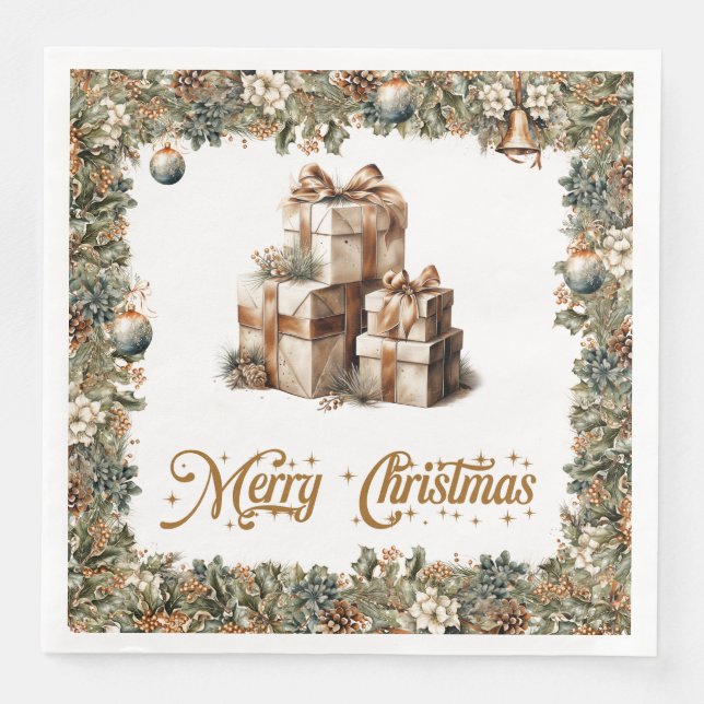 Elegant rustic Christmas holly and gold presents Paper Dinner Napkins (Front)