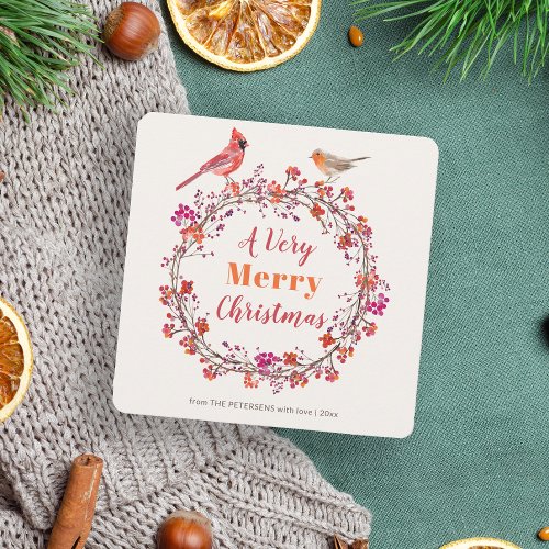 Elegant rustic Christmas holly berry wreath script Holiday Card