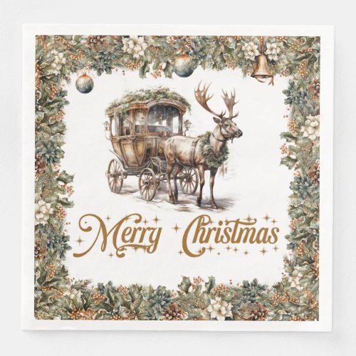 Elegant rustic Christmas holly Reindeer sleigh Paper Dinner Napkins