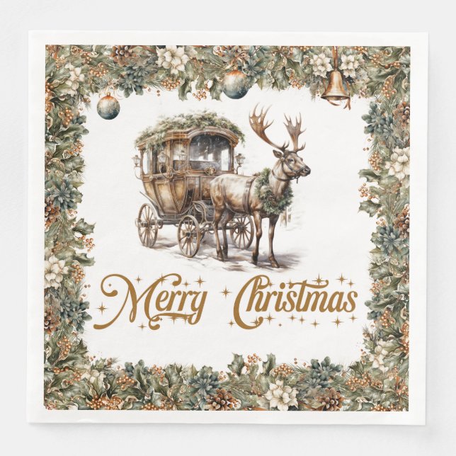 Elegant rustic Christmas holly Reindeer sleigh Paper Dinner Napkins (Front)