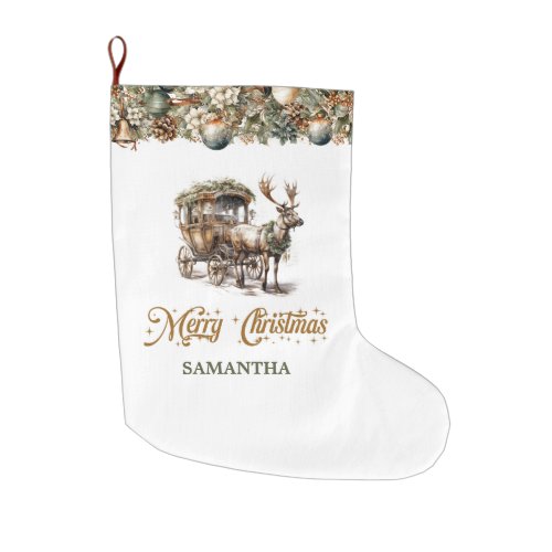 Elegant rustic Christmas Reindeer and carriage Large Christmas Stocking