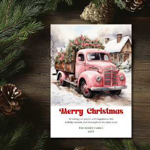 Elegant rustic Christmas scene pink truck greeting Holiday Card