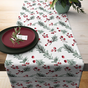 Elegant Rustic Christmas Watercolor Pine Pattern Short Table Runner