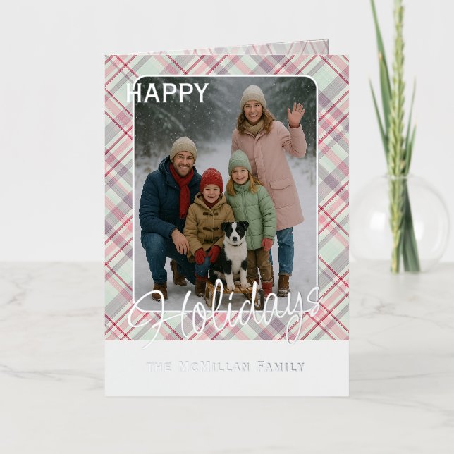 Elegant Rustic Classy Plaid Pattern Gold Foil Holiday Card (Front)