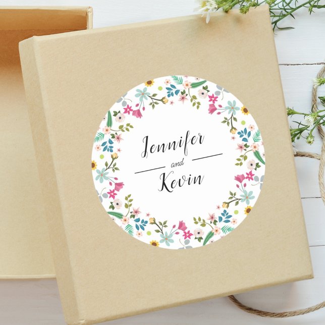  Elegant Rustic Colorful Wildflower Wedding  Classic Round Sticker (Creator Uploaded)