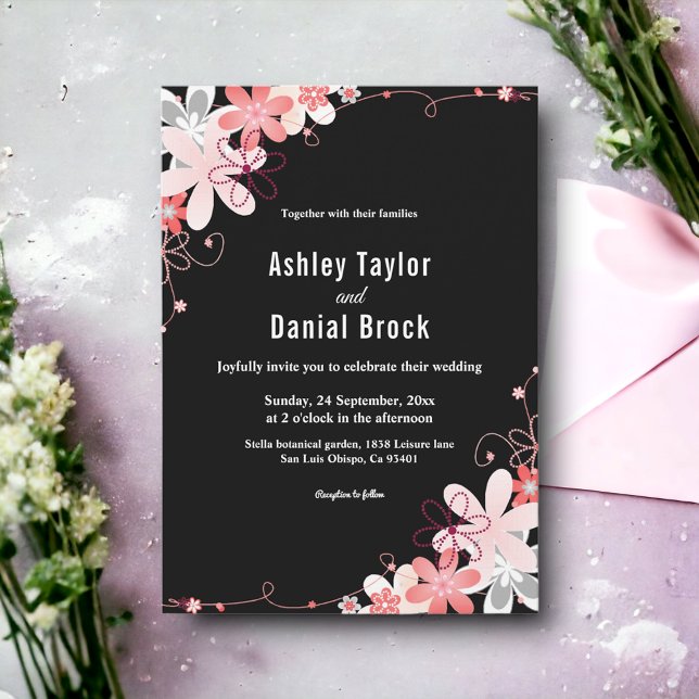 Elegant Rustic Country Roses Black Floral Wedding Invitation (Creator Uploaded)