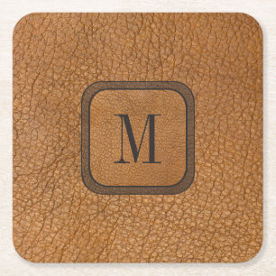 Elegant Rustic Country Vintage Leather Monogram Square Paper Coaster