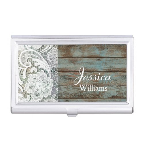 elegant rustic country white lace blue barn wood business card case