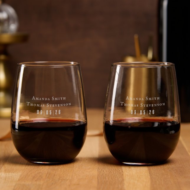 Elegant rustic couple names and wedding date stemless wine glass (Party)