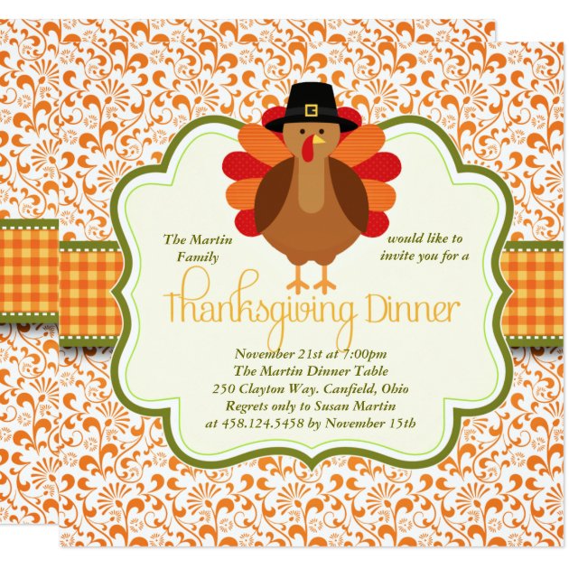 Elegant Rustic Cute Turkey Thanksgiving Dinner Card