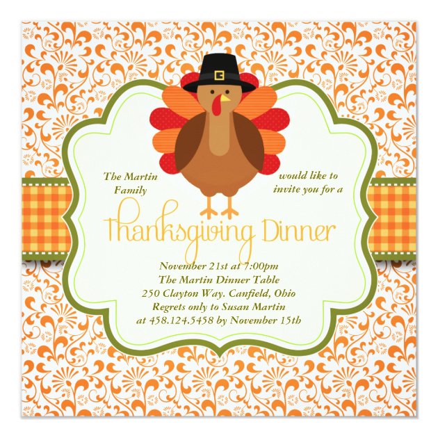 Elegant Rustic Cute Turkey Thanksgiving Dinner Card