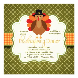 Elegant Rustic Cute Turkey Thanksgiving Dinner Invitation