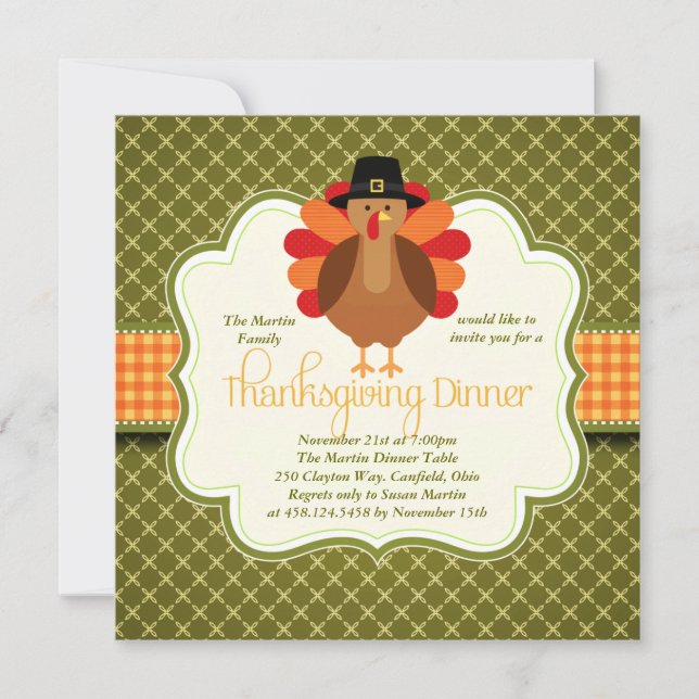 Elegant Rustic Cute Turkey Thanksgiving Dinner Invitation (Front)