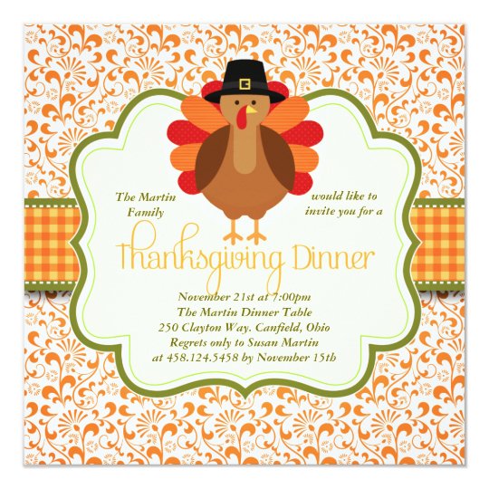 Elegant Rustic Cute Turkey Thanksgiving Dinner Invitation | Zazzle.com