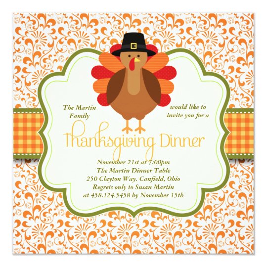 Elegant Rustic Cute Turkey Thanksgiving Dinner Invitation 