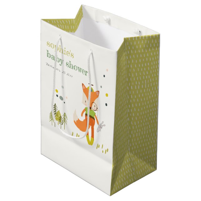 Elegant Rustic Cute Woodland Fun Fox Baby Shower Medium Gift Bag (Front Angled)