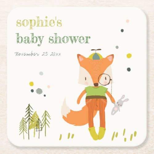 Elegant Rustic Cute Woodland Fun Fox Baby Shower Square Paper Coaster
