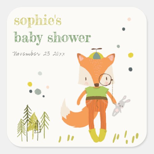 Elegant Rustic Cute Woodland Fun Fox Baby Shower Square Sticker