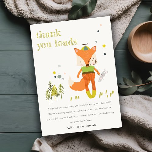 Elegant Rustic Cute Woodland Fun Fox Baby Shower Thank You Card