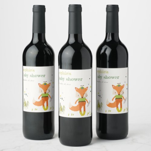 Elegant Rustic Cute Woodland Fun Fox Baby Shower Wine Label