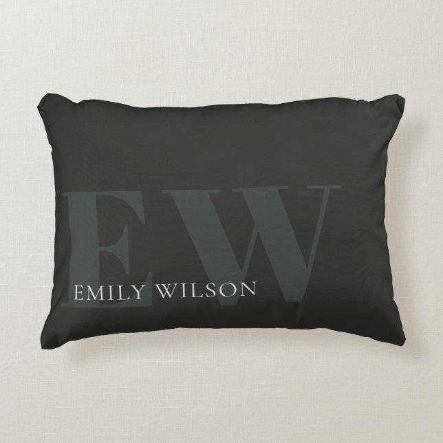 Elegant Rustic Dark Dusky Green Black Monogram Accent Pillow (Front)