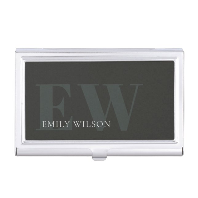 Elegant Rustic Dark Dusky Green Black Monogram Business Card Case (Front)